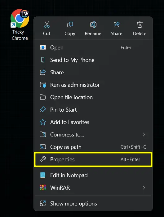 Right Click on Chrome and Choose properties